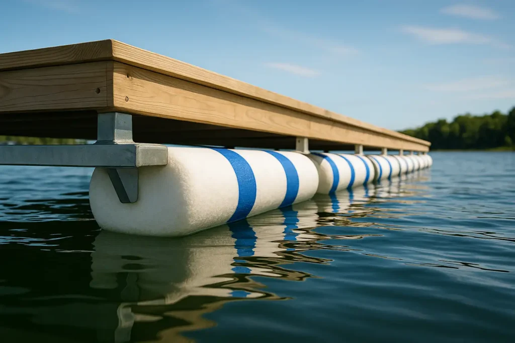 Water-level perspective of a floating platform, emphasizing buoyancy.