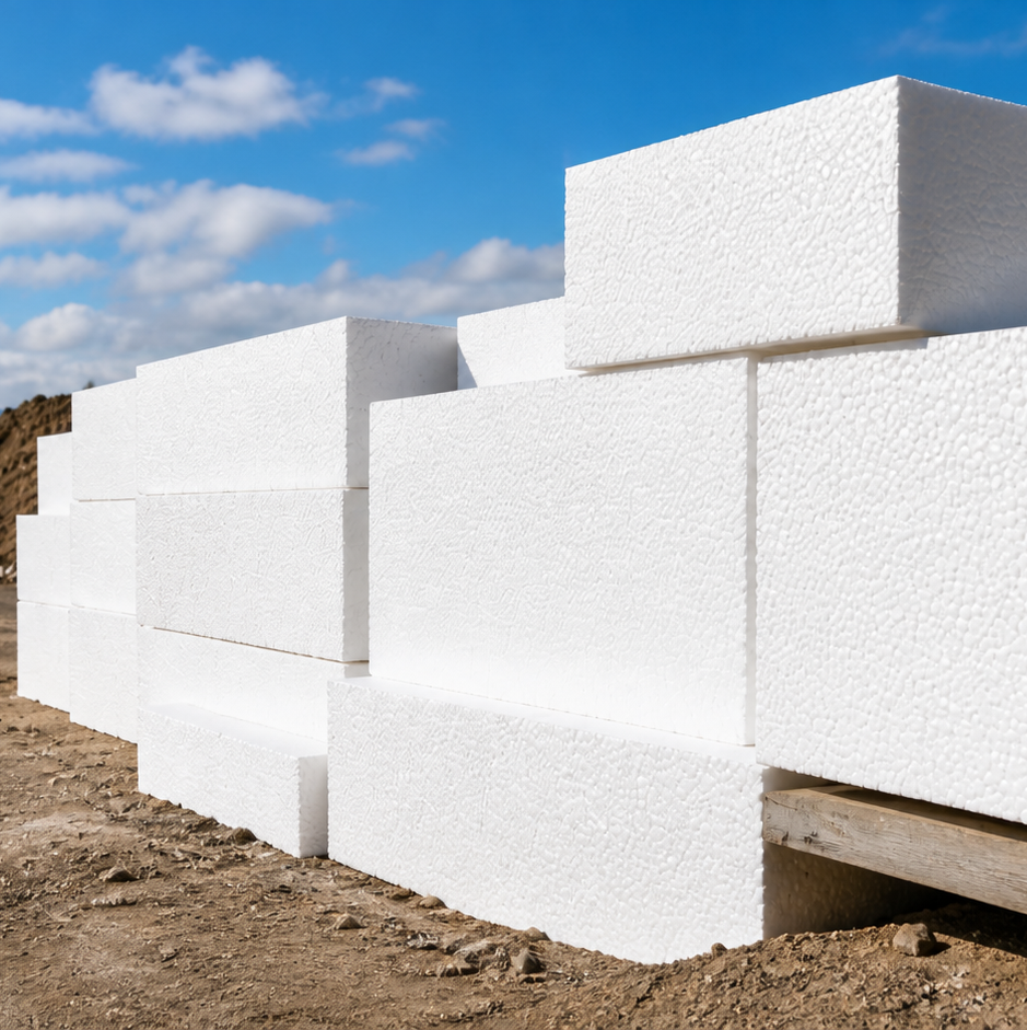 Stacked foam blocks in industrial yard-sq